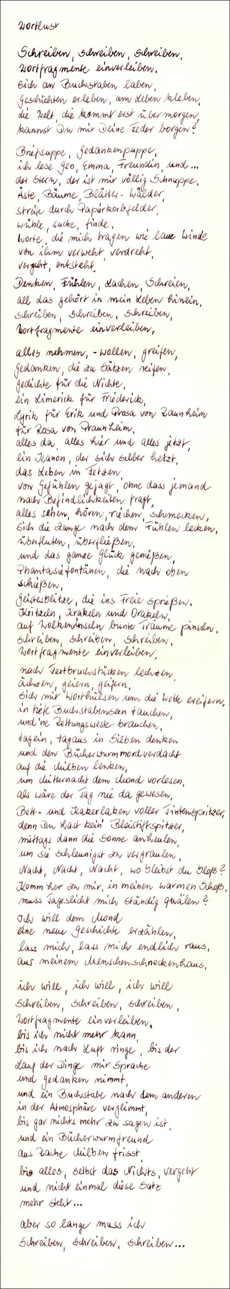 Foto: Die schwungvolle Handschrift von Renate füllt 4 untereinander gesetzte DIN-A 5-Bögen Papier.