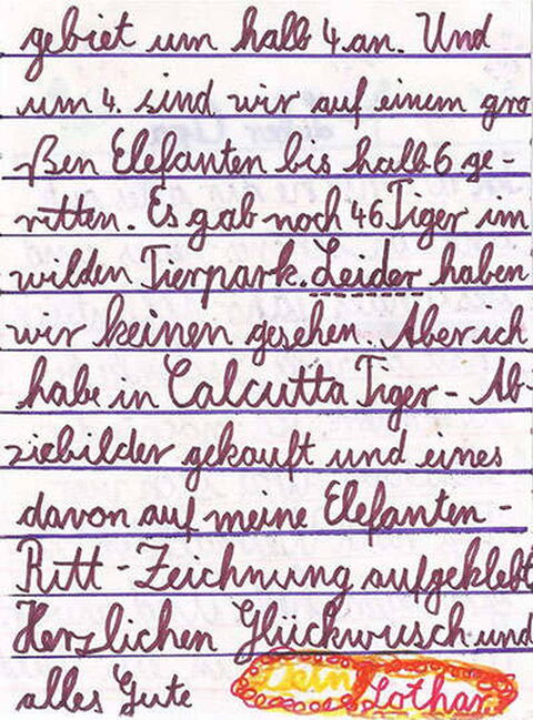 Brief: Braune Schreibschrift auf lila Linien. Am unteren Rand meine rot umkringelte Unterschrift.