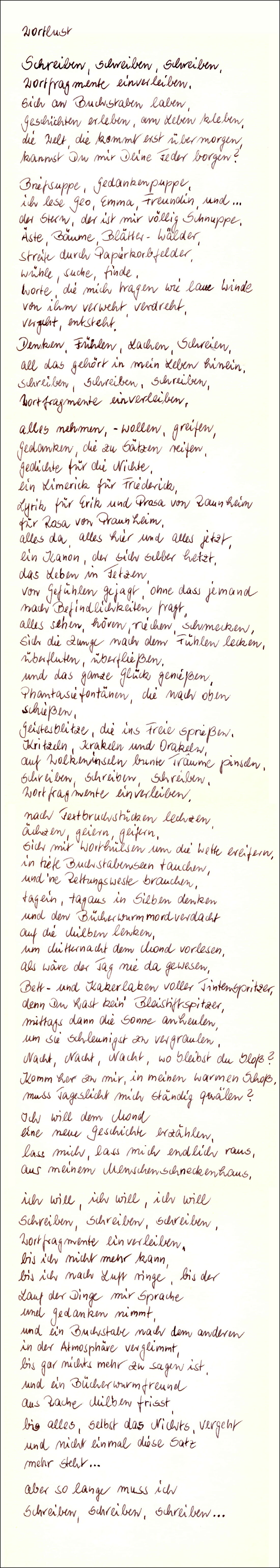 Foto: Die schwungvolle Handschrift von Renate füllt 4 untereinander gesetzte DIN-A 5-Bögen Papier.