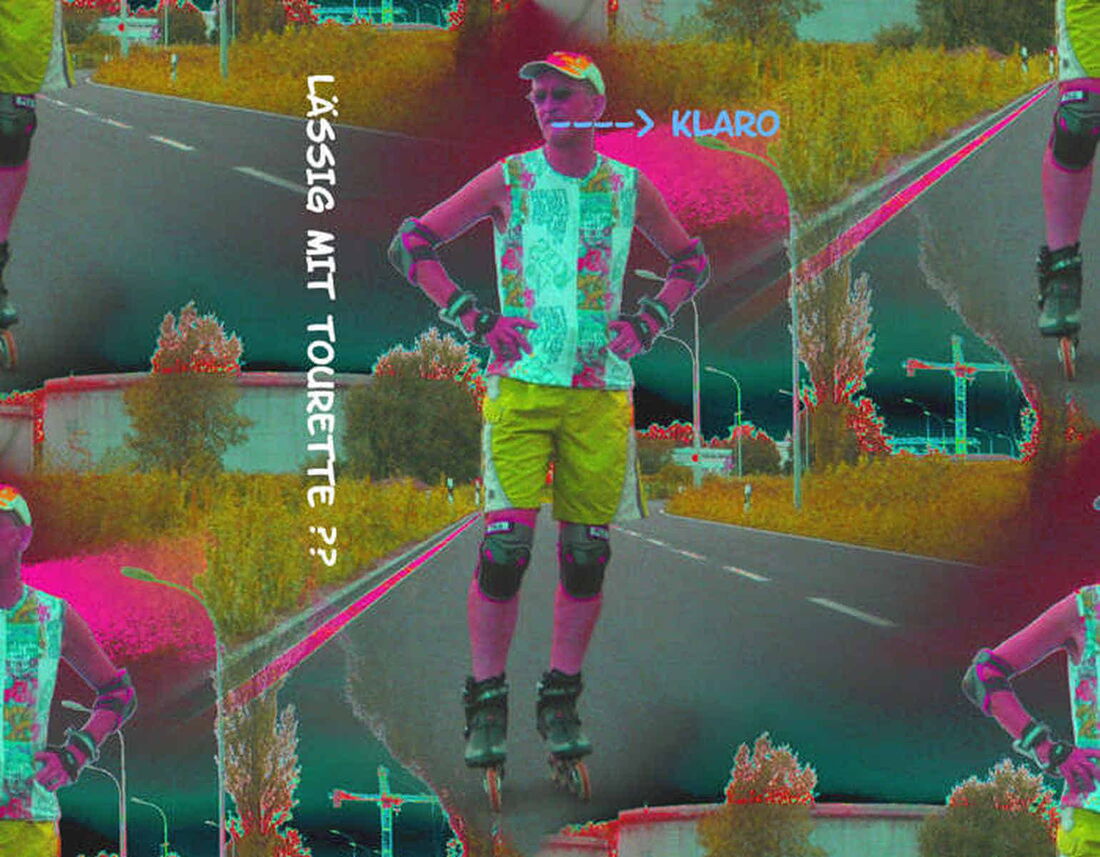 Fotomontage: Hermann mehrfach kopiert und grell eingefärbt auf Inline-Skatern auf einer Straße.