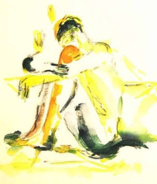 Malbild: Ein grün-gelb gemalter nackter Mann hockt im Gras und umschließt seine angewinkelten knie.
