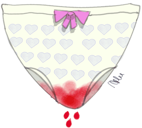 Grafik: Ein mit Herzen bedrucktes Höschen mit rosa Schleife, das vorne im Schritt Blutflecken hat und tropft.