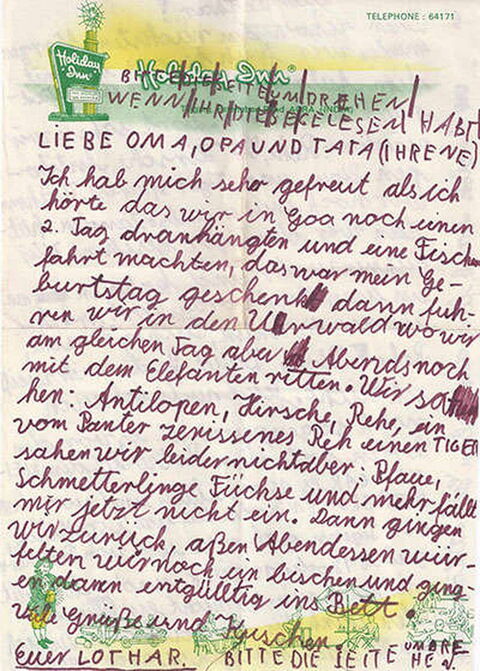 Brief: Grün-gelb bedrucktes Briefpapier mit meiner braunen Schreibschrift.