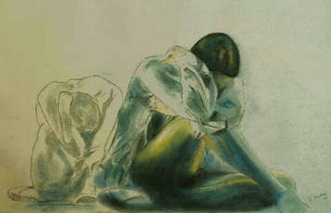 Malbild: Zwei Ballerinas hocken mit verschränkten Armen traurig am Boden.