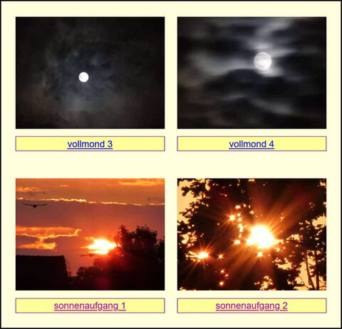 Bildschirmfoto: Ein Ausschnitt der Übersicht der Sonnen- und Monde-Galerien; oben 2 Mond-Galerien, darunter 2 Sonnen-Galerien.