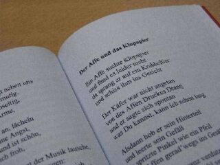 Foto: Mein erstes Buch "Wortlust" mit einer geöffneten Doppelseite. Rechts kann man die ersten Strophen des Textes "Der Affe und das Klopapier" lesen.