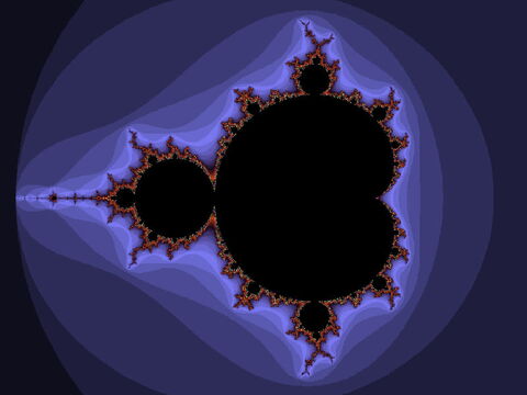 Grafik: Das berühmte 'Apfelmännchen'-Fraktal in blau bis violett umgebenden Farben.