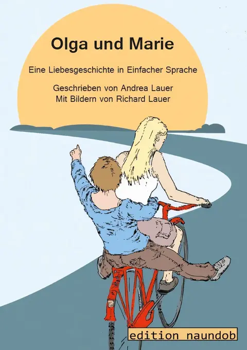 Grafik: Olga und Marie fahren zusammen auf einem Fahrrad: Die eine lenkt, die andere sitzt auf dem Gepäckträger und hält sich an ihr fest.