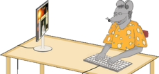 Die Schreibmaus im Käsehemd sitzt vor einem Monitor und tippt auf einer Tastatur.