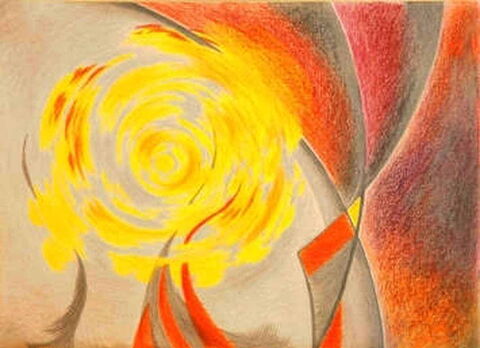 Malbild: Ein feurig gelber Sonnenball vor einer grauen Kugel und orange-rot-grauen Bereichen im Hintergrund.