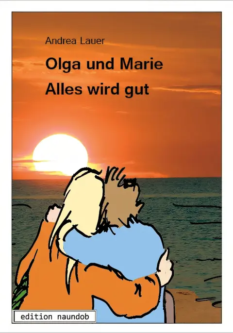Foto: Über weitem Meer geht die Sonne unter. Im Vordergrund umarmen sich zwei Frauen, die in das Bild gezeichnet sind.