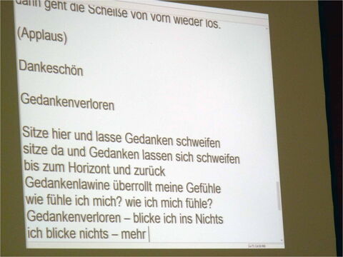 Foto: Hier sieht man die Leinwand, auf der die Texte von der Schriftdolmetscherin Zeile für Zeile eingeblendet wurden.