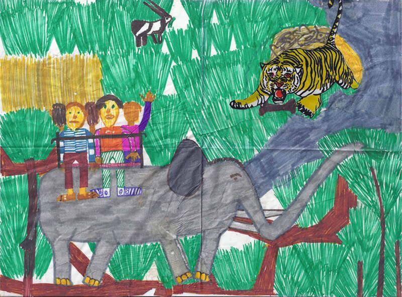 Bild: Eine Zeichnung vom Elefantenritt durch den grünen Dschungel mit integriertem Tiger-Aufkleber im Hintergrund.