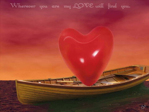 Grafik: Ein großes rotes Herz auf einem hölzernen Ruderboot bei Sonnenuntergang.