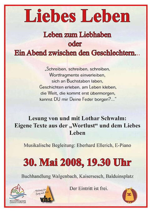 Grafik: Das von der Buchhandlung überarbeitete, etwas schlichtere Plakat zur Ankündigung der Lesung mit musikalischer Begleitung.