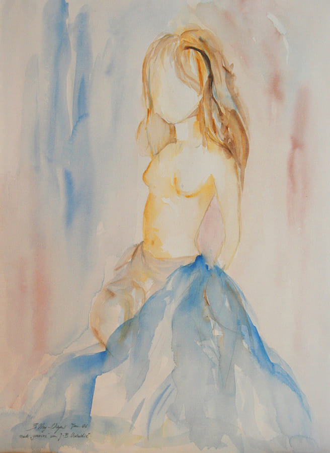Gemälde: Ein nacktes Mädchen mit einem blauen Tuch um die Hüften.