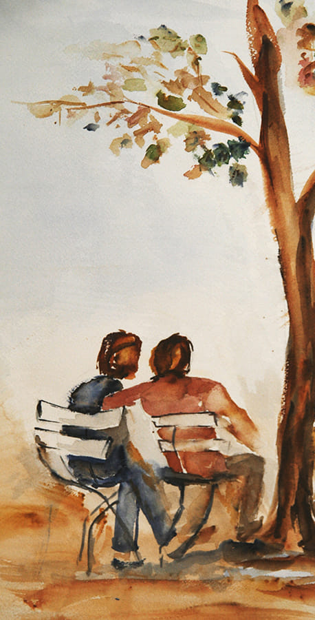 Gemälde: Ein befreundetes Pärchen sitzt auf Stühlen vor einem Baum.