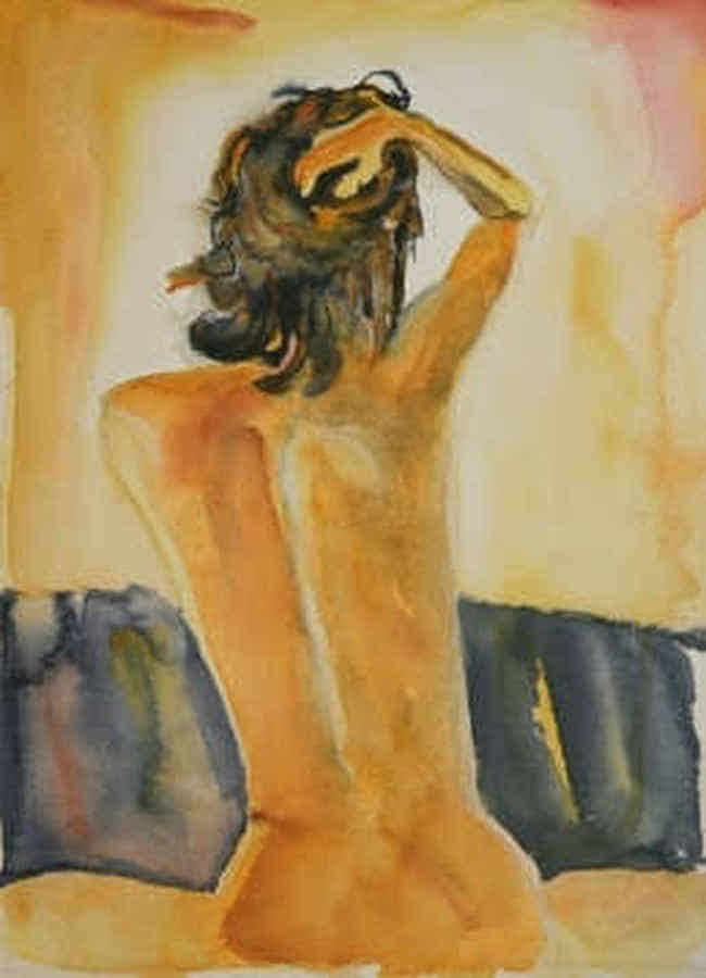 Gemälde: Eine nackte Frau sitzt mit dem Rücken zum Betrachter auf einem Bett.