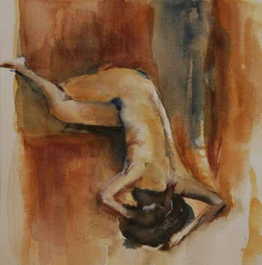 Gemälde: Eine Frau liegt nackt und gebrochen am Boden.