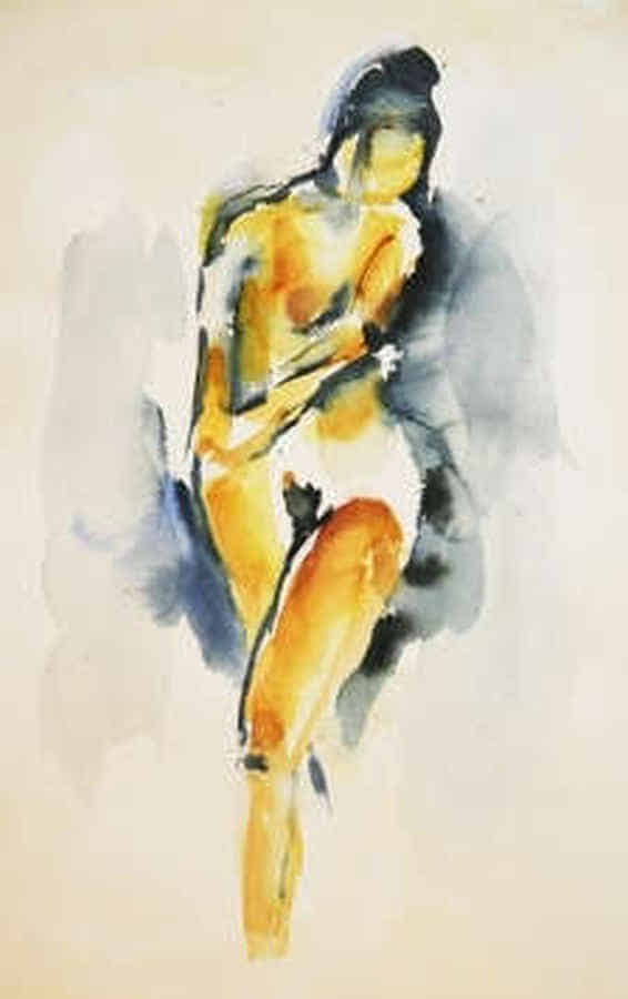 Gemälde: Eine Frau steht nackt im Raum. Das Bild wirkt wie die Momentaufnahme eines Sprints.