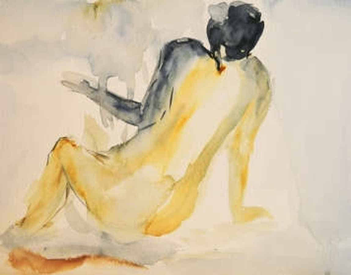 Gemälde: Eine Frau sitzt nackt am Boden und stützt sich mit einer Hand ab.