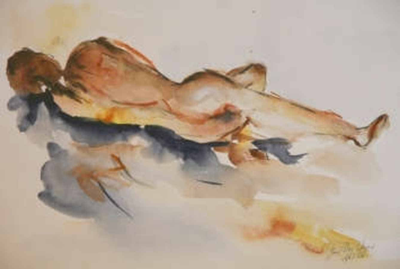 Gemälde: Eine Frau liegt nackt auf einer sich spiegelnden Oberfläche.