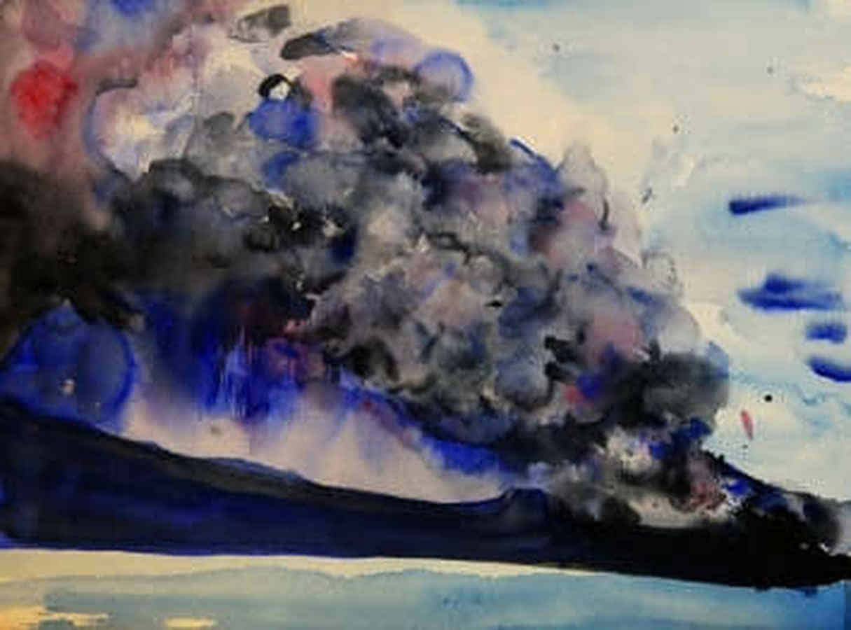 Gemälde: Dunkle Rauchwolken steigen aus einem Krater empor.