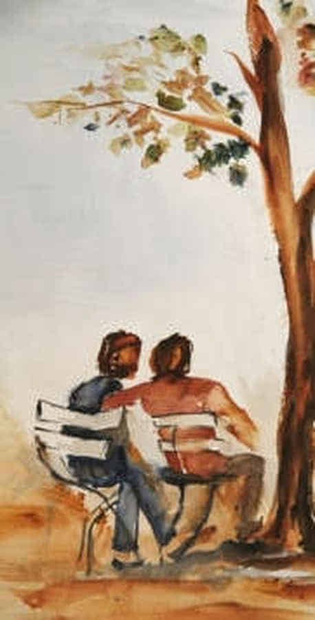 Gemälde: Zwei Menschen sitzen auf Stühlen vor einem Baum und unterhalten sich.