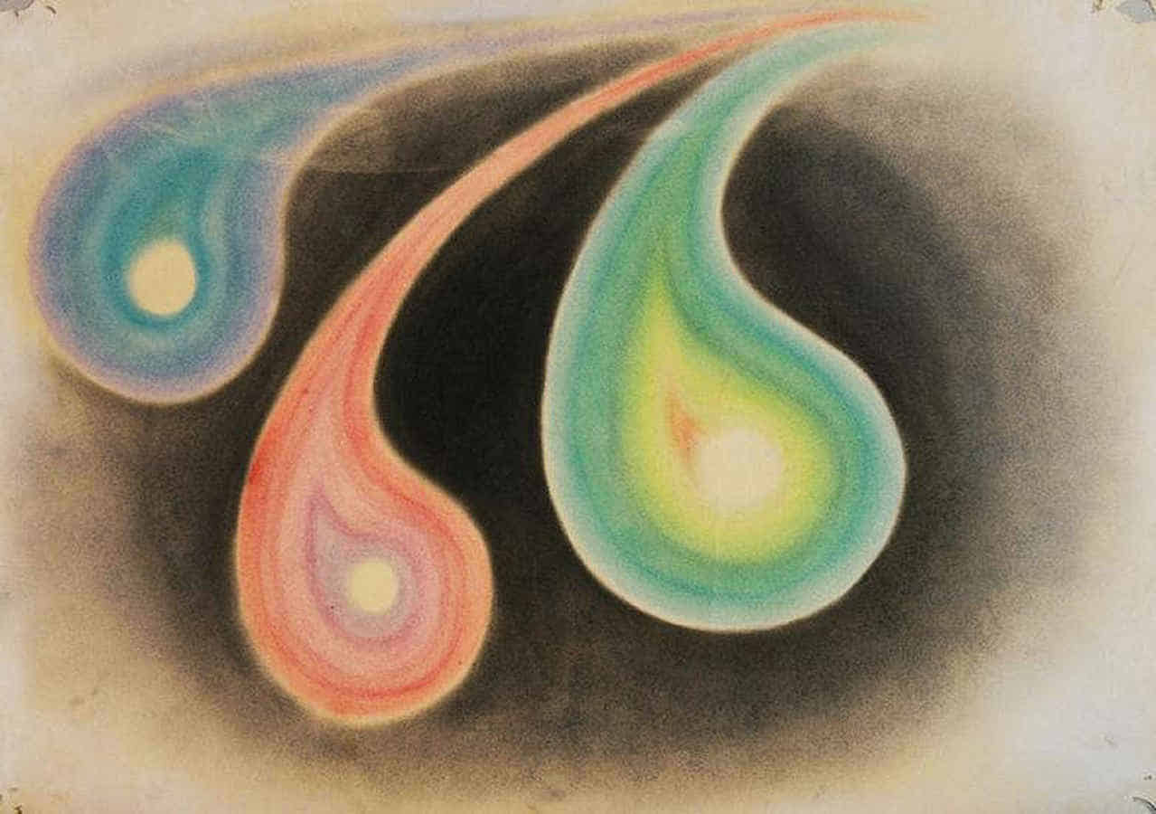 Gemälde: Drei verschieden farbige Tropfen fliegen wie Kometen aus dem schwarzen Hintergrund in den hellen Vordergrund des Bildes.