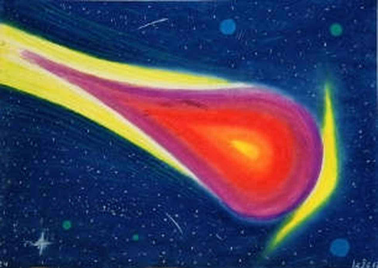 Gemälde: Ein gleißender Komet am blauschwarzen Nachthimmel.