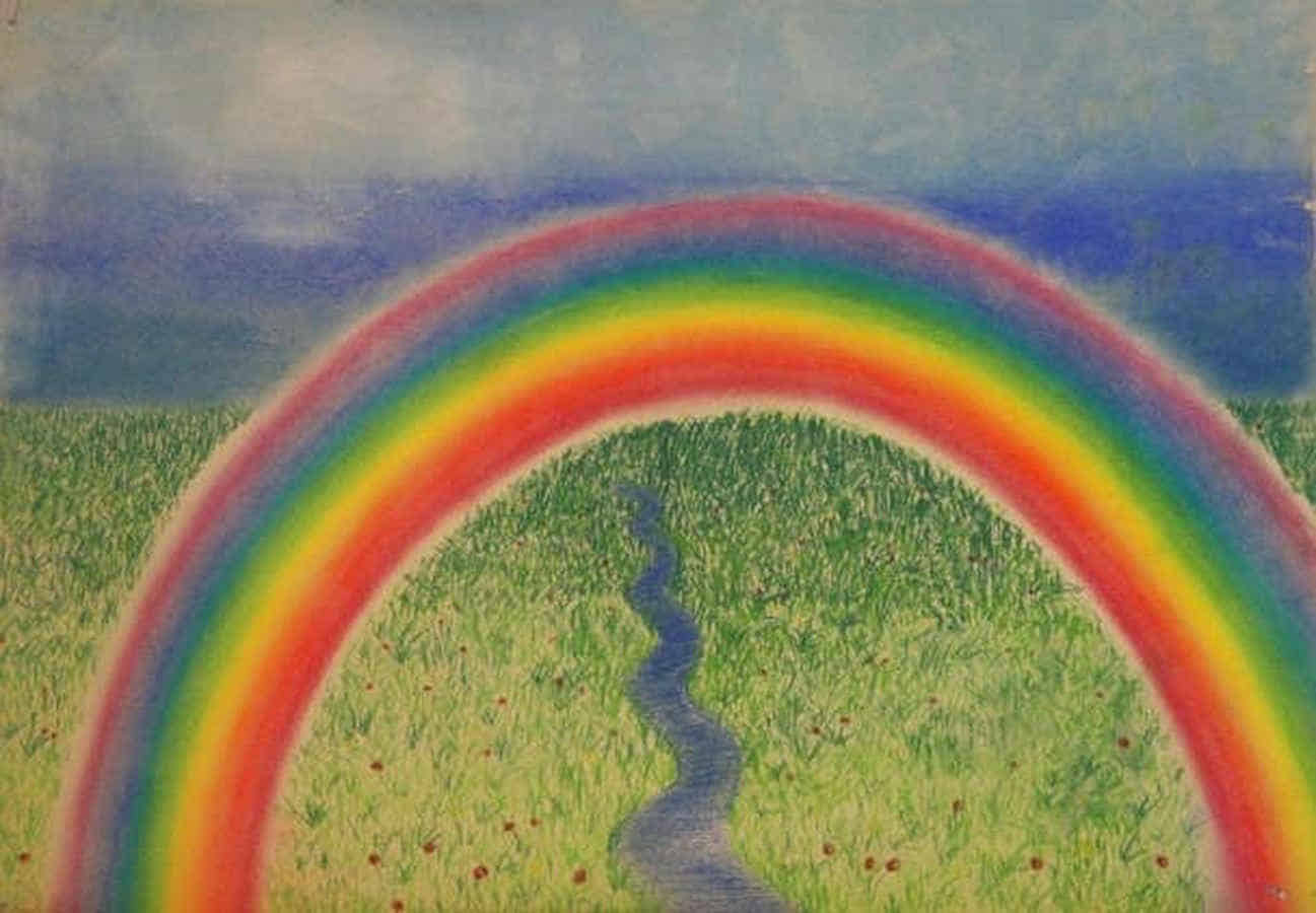 Gemälde: Ein Regenbogen überspannt eine blumige Fluss- und Wiesenlandschaft.