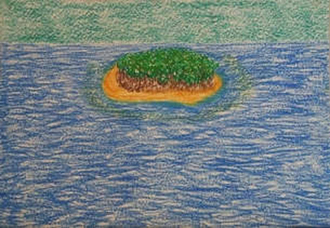 Gemälde: Eine kleine Insel mit Palmen im weiten Meer.