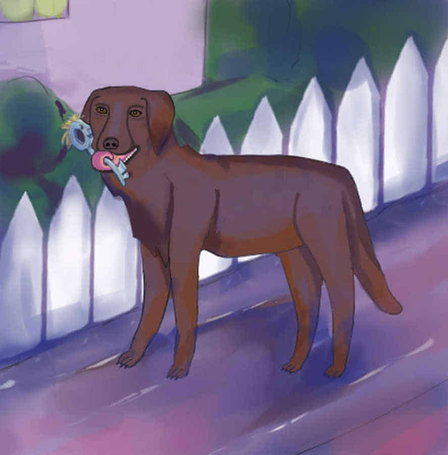 Zeichnung: Der große Hund mit dem kleinen Schlüssel in der Zunge.