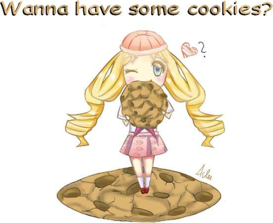Grafik: Überschrift: Wanna have some cookies? - Ein Manga-Mädchen mit Keks von Aki.