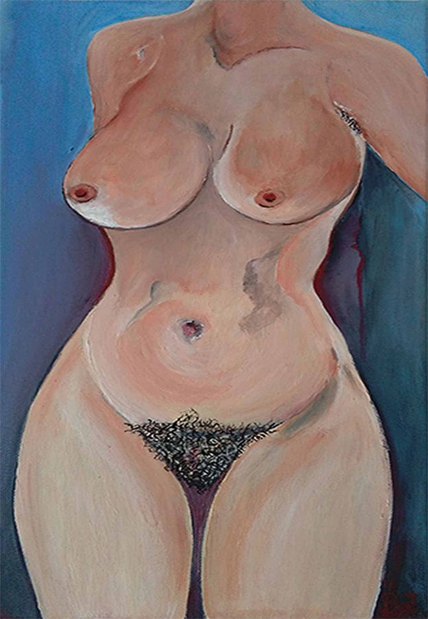 Gemälde: Eine üppige nackte Frau steht vor einem blauen Hintergrund.