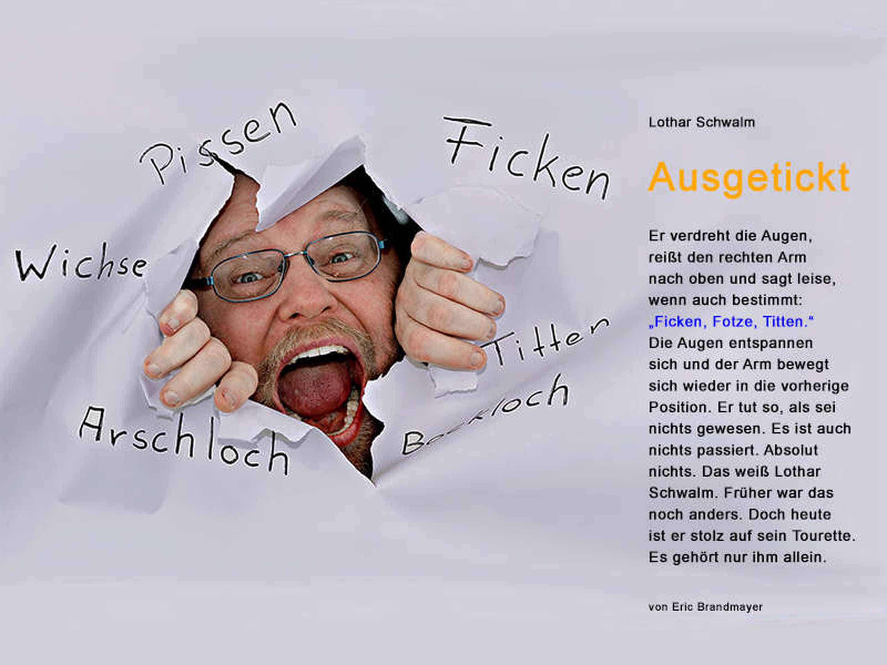 Foto mit Einleitungstext: Ich stecke meinen Kopf schreiend durch ein Plakat, auf dem einige sexuelle Begriffe und Schimpfwörter stehen.